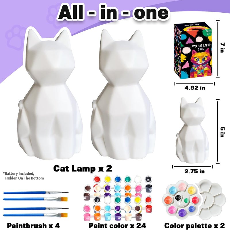 FUNZBO 2pcs Paint Your Own Cat Lamp - Arts and Crafts Supplies Kitten Painting Kits for Kids Teens, DIY Night Light Toy for Toddlers Girls Boys Ages 3 4 5 6 7 8 9 10 11 12 13 Christmas Birthday Gifts - Image 2